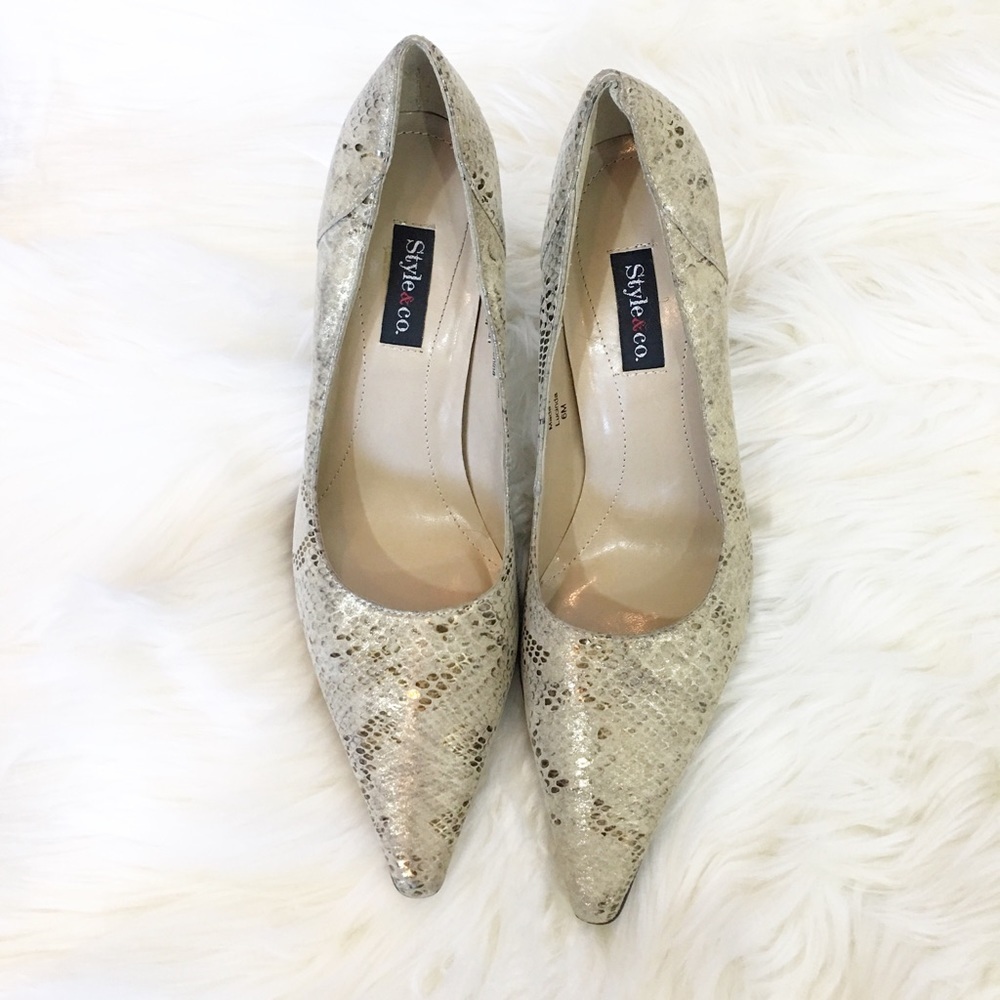 Genuine Leather Gold Fleck Tan Snake Print High Heels Pumps 6M - Picture 4 of 6